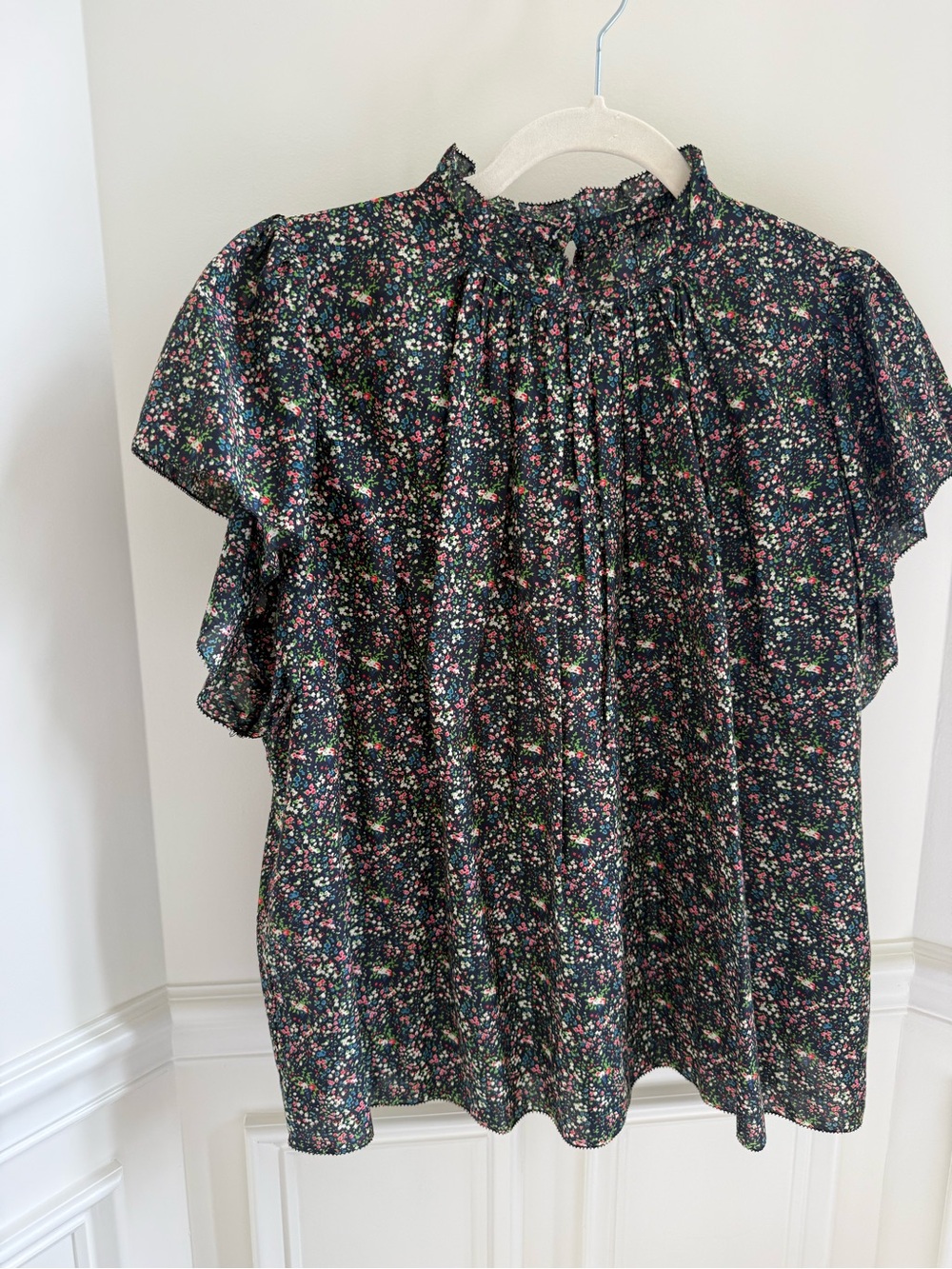 Trovata Black Floral Ruffle Mock-Neck Blouse